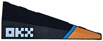 LEGO part Wedge 5 x 2 Left with Orange and Dark Azure Stripes and White 'OKX' Logo Pattern (3504pb01)