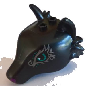 LEGO part Fox Head with Dark Turquoise Eyes, Silver Swirls and Purple Nose Pattern (35600pb02)
