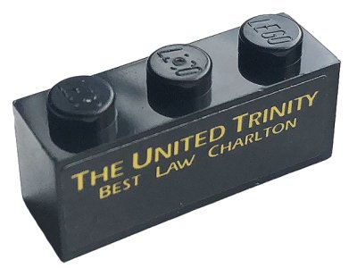 LEGO onderdeel Brick 1 x 3 with Yellow 'THE UNITED TRINITY BEST LAW CHARLTON' Pattern (Sticker) - Set 10272 (3622pb127)