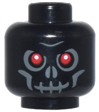 LEGO part Minifigure, Head Skull with Red Eyes, Dark Bluish Gray Eye Shadow, Nostrils, and Cheek Lines, Furrowed Brow, Evil Grin Pattern 3626pb0270