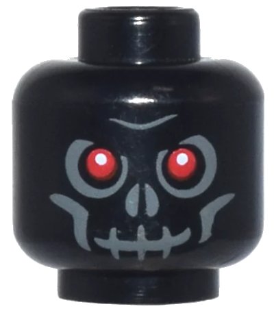 LEGO onderdeel Minifigure, Head Skull with Red Eyes, Dark Bluish Gray Eye Shadow, Nostrils, and Cheek Lines, Furrowed Brow, Evil Grin Pattern (3626pb0270)