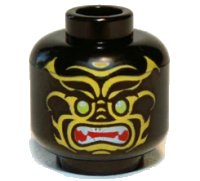 LEGO part Minifigure, Head Alien with Lime Eyes, White Fangs, Yellow Face Decorations and Red Mouth Pattern 3626pb0843
