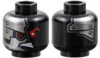LEGO part Minifigure, Head Alien with Red Mechanical Right Eye, Bared Teeth, and Silver Plates with Rivets on Front and Back Pattern 3626pb1034