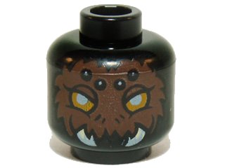 LEGO onderdeel Minifigure, Head Alien Chima Spider with Bright Light Orange Eyes, Reddish Brown Fur, Black and White Spots on Forehead, and White Fangs Pattern (3626pb1102)
