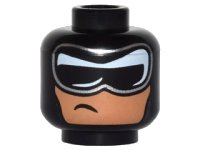 LEGO part Minifigure, Head Balaclava, Black and White Mask with Silver Edge and Crooked, Off-Center Scowl on Nougat Face Pattern 3626pb1528