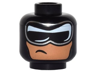 LEGO onderdeel Minifigure, Head Balaclava, Black and White Mask with Silver Edge and Crooked, Off-Center Scowl on Nougat Face Pattern (3626pb1528)