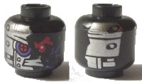 LEGO part Minifigure, Head Alien with Red Mechanical Right Eye, Dark Purple Circuitry, Bared Teeth, and Silver Plates with Rivets on Front and Back Pattern 3626pb1673
