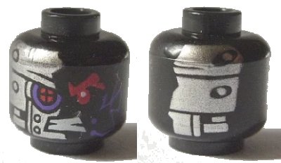 LEGO onderdeel Minifigure, Head Alien with Red Mechanical Right Eye, Dark Purple Circuitry, Bared Teeth, and Silver Plates with Rivets on Front and Back Pattern (3626pb1673)