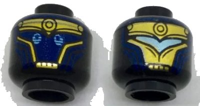 LEGO onderdeel Minifigure, Head Dual Sided Alien with Gold Armor, Dark Blue Face, Light Blue Eyes / Light Blue Visor Pattern (3626pb1843)