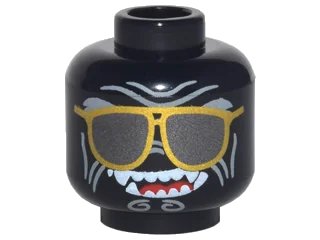 LEGO onderdeel Minifigure, Head Alien with Sunglasses with Gold Frames, Light Bluish Gray Wrinkes, Open Mouth Smile with Fangs Pattern (Garmadon) (3626pb1882)
