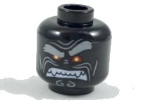 LEGO part Minifigure, Head Alien with Light Bluish Gray Bushy Eyebrows, Left Raised Eyebrow, Red Eyes and Clenched White Fangs Pattern 3626pb1899