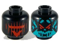 LEGO part Minifigure, Head Dual Sided Alien, Red Visor and 'V' with 9 Vertical Stripes / Dark Turquoise Splotch Face with Red Eyes Pattern - Hollow Stud 3626pb2528