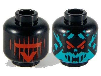 LEGO onderdeel Minifigure, Head Dual Sided Alien, Red Visor and 'V' with 9 Vertical Stripes / Dark Turquoise Splotch Face with Red Eyes Pattern - Hollow Stud (3626pb2528)