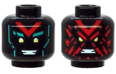 LEGO onderdeel Minifigure, Head Dual Sided Alien, Yellow Eyes, Red 'V', Dark Turquoise Eyebrows, Happy / Angry with Red Splotch Face Pattern - Hollow Stud (3626pb2556)