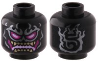 LEGO part Minifigure, Head Alien Silver Flame Tattoos, Magenta and Bright Pink Eyes and Mouth, Gold Teeth Pattern - Hollow Stud 3626pb3048