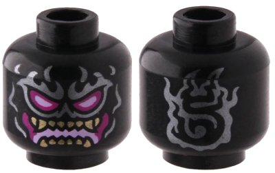 LEGO onderdeel Minifigure, Head Alien Silver Flame Tattoos, Magenta and Bright Pink Eyes and Mouth, Gold Teeth Pattern - Hollow Stud (3626pb3048)
