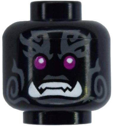 LEGO onderdeel Minifigure, Head Alien Oni with Magenta Eyes, Dark Bluish Gray Markings, Frown with White Teeth and Lower Fangs Pattern (BAM) (3626pb4093)