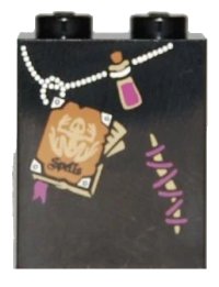LEGO part Slope 65 2 x 2 x 2 with Bottom Tube with Minifigure Dress / Skirt / Robe, Frog Spells Book, Potion, and Mended Tear Pattern (Witch) 3678bpb020