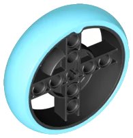LEGO onderdeel Wheel 56 x 14 Technic with Axle Hole and 8 Pin Holes with Molded Medium Azure Hard Rubber Tire Pattern (39367pb01)