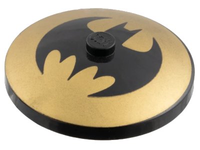 LEGO onderdeel Dish 4 x 4 Inverted (Radar) with Solid Stud with Black Bat on Gold Background Batman Logo (Bat Signal) Pattern (3960pb017)