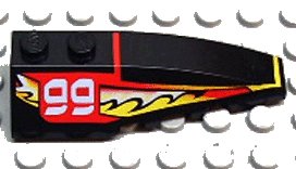 LEGO part Wedge 6 x 2 Right with Red/Yellow/White Flame Pattern and 99 Pattern (41747pb014)