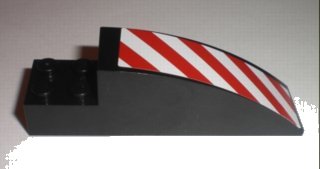 LEGO onderdeel Slope, Curved 8 x 2 x 2 with 4 Recessed Studs with Red and White Danger Stripes Pattern Right (Sticker) - Set 7632 (41766pb01R)