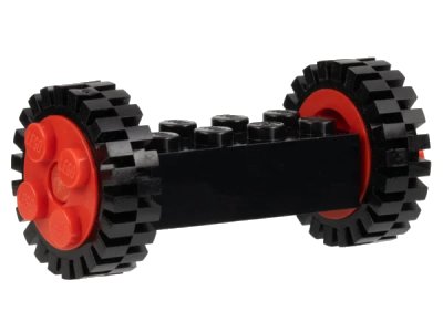 LEGO onderdeel Brick, Modified 2 x 4 with Red Wheels FreeStyle and Red Pins with 2 Black Tire 24mm D. x 8mm Offset Tread - Interior Ridges (4180c02 / 3483) (4180c02assy1)