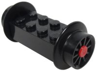 LEGO part Brick, Modified 2 x 4 with Black Wheels, Train Spoked Small (23mm D.) and Red Pins (4180 / wheel3 / 2344) 4180c06