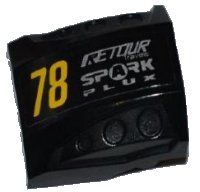 LEGO part Slope, Curved 2 x 2 with Debossed Side Ports with Yellow '78', Silver 'RETOUR Travels' and 'SPARK PLUX' Pattern Model Left Side (Sticker) - Set 8126 44675pb006L