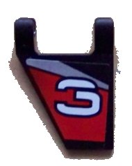 LEGO part Flag 2 x 2 Trapezoid with White Stylized Number 3 on Black, Red, and Silver Background Pattern Model Left Side (Sticker) - Set 8381 44676pb003L