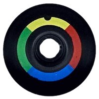 LEGO part Dish 2 x 2 Inverted (Radar) with Red, Yellow, Green and Blue Quarter Arcs Pattern 4740pb025