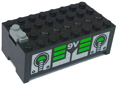 LEGO onderdeel Electric 9V Battery Box Small Without Battery Cover with Unitron Silver / Green Pattern on Both Sides (Stickers) - Set 6991 (4760c00pb06)