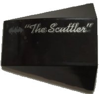 LEGO onderdeel Wedge 4 x 4 Triple Curved No Studs with Batman Logo, Silver Script '"The Scuttler"' Pattern Model Left Side (Sticker) - Set 70908 47753pb107L