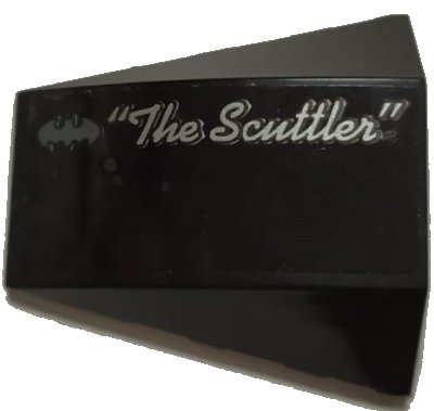 LEGO onderdeel Wedge 4 x 4 Triple Curved No Studs with Batman Logo, Silver Script '"The Scuttler"' Pattern Model Left Side (Sticker) - Set 70908 (47753pb107L)