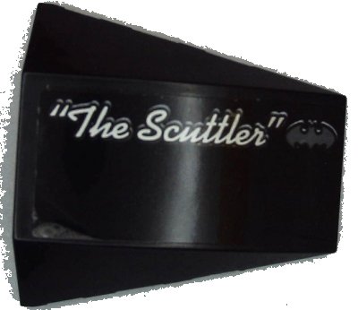 LEGO onderdeel Wedge 4 x 4 Triple Curved No Studs with Batman Logo, Silver Script '"The Scuttler"' Pattern Model Right Side (Sticker) - Set 70908 (47753pb107R)