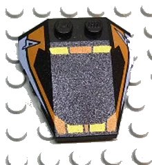 LEGO onderdeel Wedge 4 x 4 Triple with Stud Notches with Orange Window Frame, Yellow Stripes, Light Blue 4 Pattern (48933pb004)