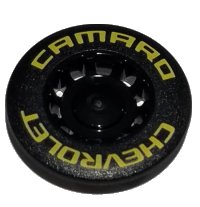 LEGO part Wheel Cover 10 Spoke Recessed with Yellow 'CHEVROLET CAMARO' Pattern 49098pb01