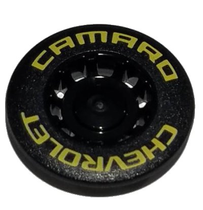 LEGO part Wheel Cover 10 Spoke Recessed with Yellow 'CHEVROLET CAMARO' Pattern (49098pb01)
