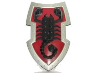 LEGO part Large Figure Shield, Knights Kingdom Lord Vladek with Scorpion on Dark Red Background and Silver Border Pattern 50657pb01