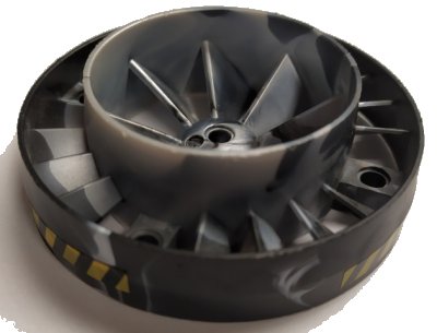 LEGO onderdeel Engine, Very Large Turbine with Marbled Pearl Light Gray Center and Yellow and Black Danger Stripes Pattern (4 Stickers) - Set 7704 (53983pb04)