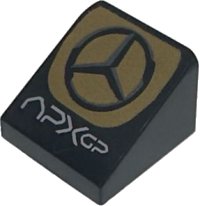 LEGO part Slope 30 1 x 1 x 2/3 with White 'APXGP' and Mercedes-Benz Logo on Gold Background Pattern 54200pb117
