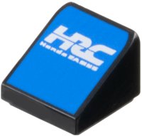 LEGO onderdeel Slope 30 1 x 1 x 2/3 with White Stylized 'HRC' and 'Honda RACING' on Blue Background Pattern 54200pb131