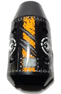 LEGO part Vehicle, Tipper Drum 3 x 6 x 10 Half with 4 Pin Holes with Claw Scratch Marks, Orange Stripe, Silver Rivets and Ninjago Dragon Hunter Skull Logo Pattern (Sticker) - Set 70654 57792pb06