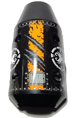 LEGO onderdeel Vehicle, Tipper Drum 3 x 6 x 10 Half with 4 Pin Holes with Claw Scratch Marks, Orange Stripe, Silver Rivets and Ninjago Dragon Hunter Skull Logo Pattern (Sticker) - Set 70654 (57792pb06)