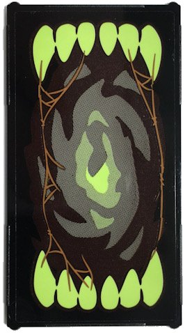LEGO part Glass for Window 1 x 4 x 6 with Open Mouth with Yellowish Green Sharp Teeth, Medium Nougat Cobwebs Pattern Model Left Side (Sticker) - Set 70425 (57895pb090L)
