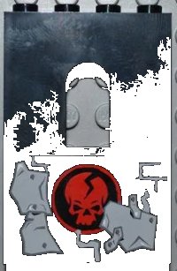 LEGO part Panel 1 x 4 x 5 with Window with Red Skull in Circle and Light Bluish Gray Metal Plates Wall Repairs Pattern Model Right Side (Sticker) - Set 2505 60808pb005R
