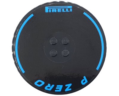 LEGO onderdeel Tile, Round 8 x 8 with 4 Studs in Center with Blue Curved Stripes, 'PIRELLI' and 'P ZERO' Pattern (Sticker) - Set 42141 (First Version) (6177pb019a)