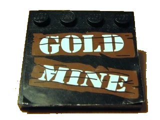 LEGO onderdeel Tile, Modified 4 x 4 with Studs on Edge with White 'GOLD MINE' on Brown Boards Pattern (Sticker) - Set 6761 (6179pb006)