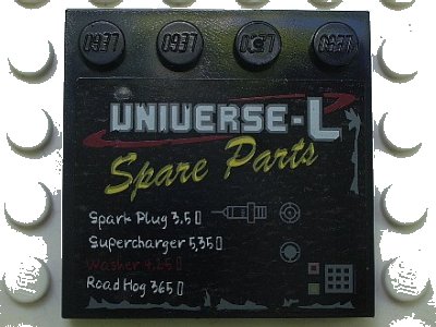 LEGO onderdeel Tile, Modified 4 x 4 with Studs on Edge with 'UNIVERSE-L Spare Parts' and Price List Pattern (Sticker) - Set 5980 (6179pb016)