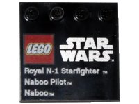 LEGO part Tile, Modified 4 x 4 with Studs on Edge with LEGO Star Wars Logo, 'Royal N-1 Starfighter', 'Naboo Pilot', and 'Naboo' Pattern 6179pb039